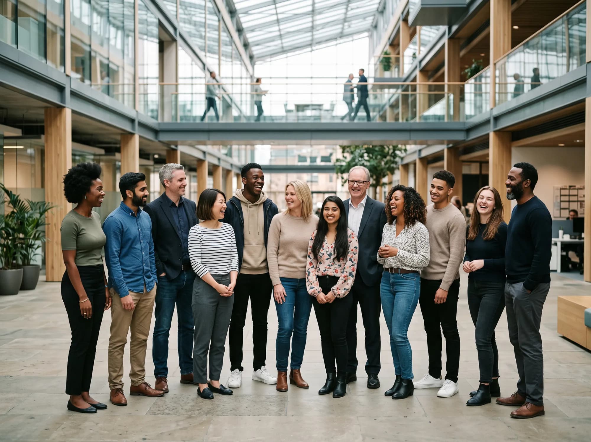A team standing together in a bright office